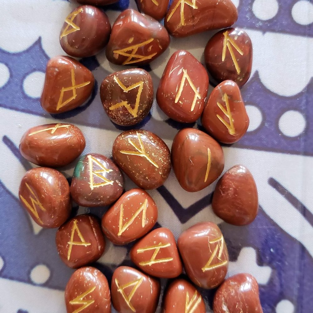 Set of Red Jasper Polished Carved Runes 36